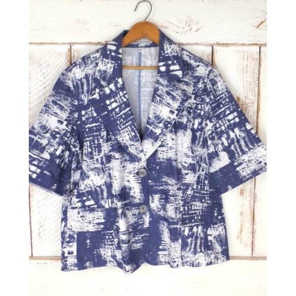 90s vintage blue white short sleeve boxy blazer jacket graphic print - Picture 2 of 5